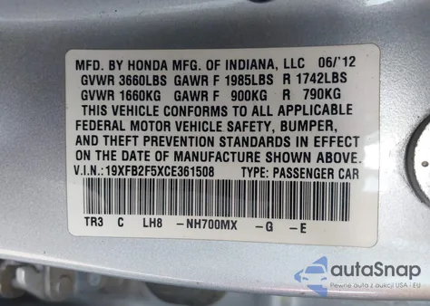 2012 Honda Civic Lx from USA, damaged, VIN 19XFB2F5XCE361508